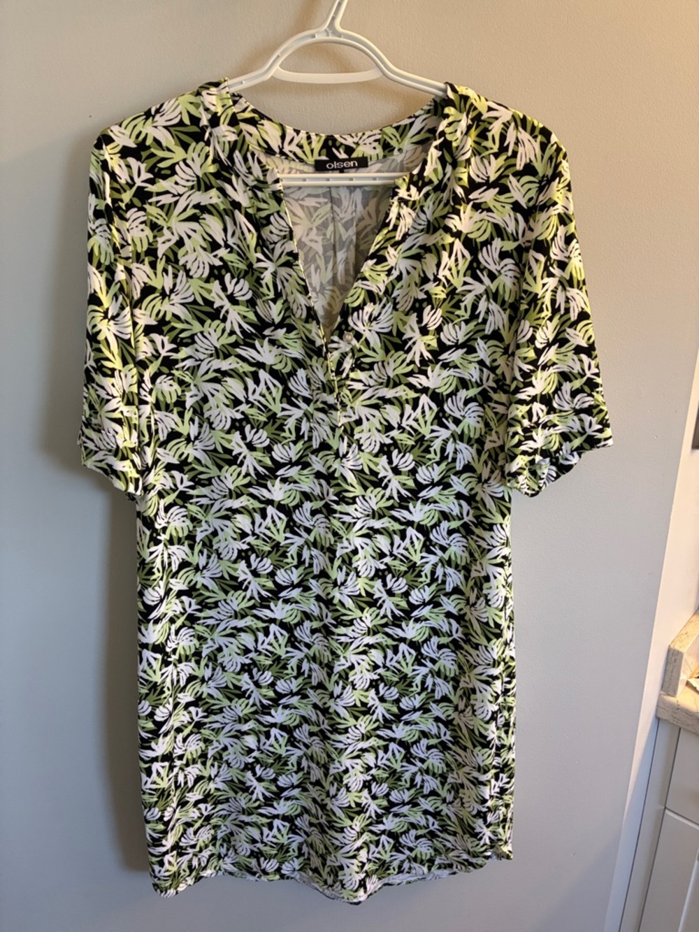 Olsen Black Mini Dress with Green Leaf Print